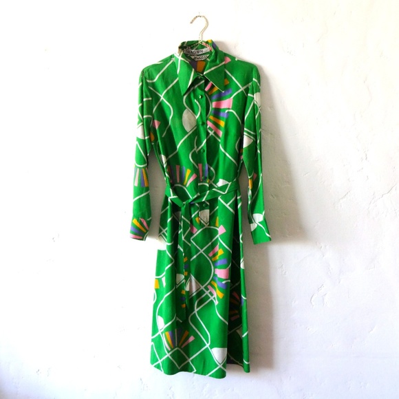 Lanvin Dresses & Skirts - Vintage 1960s-1970s Lanvin Green Print Shirt Dress